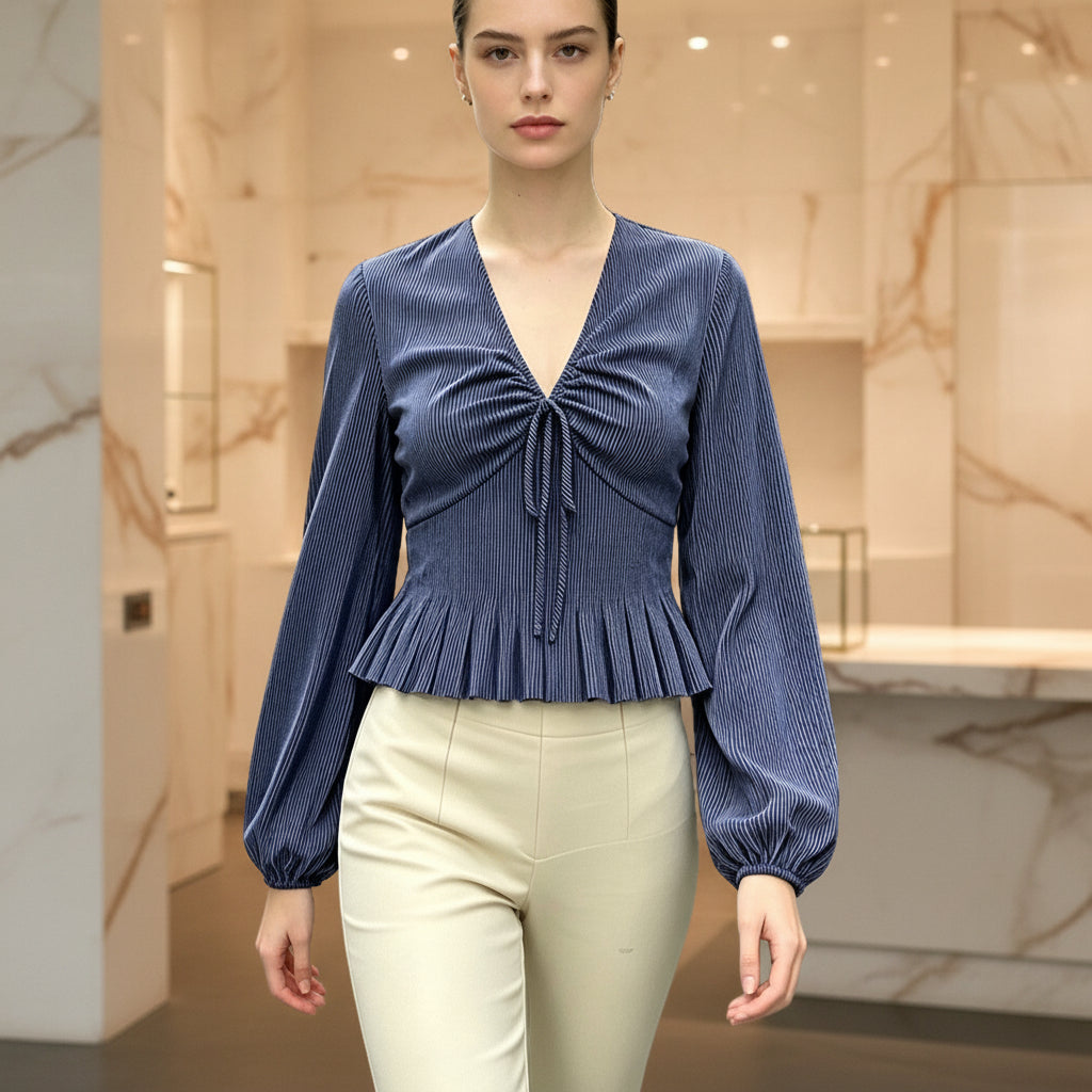 Stripe Peplum Blouse | V-Neck Ruched Bow Puff Sleeve | Navy Blue