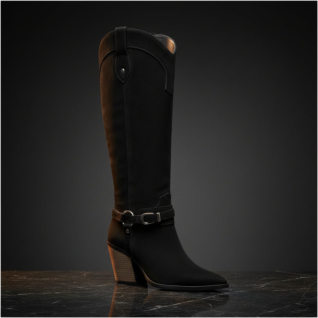Women's Western Knee-High Boots | Pointed Toe Chunky Heel & Harness Buckle