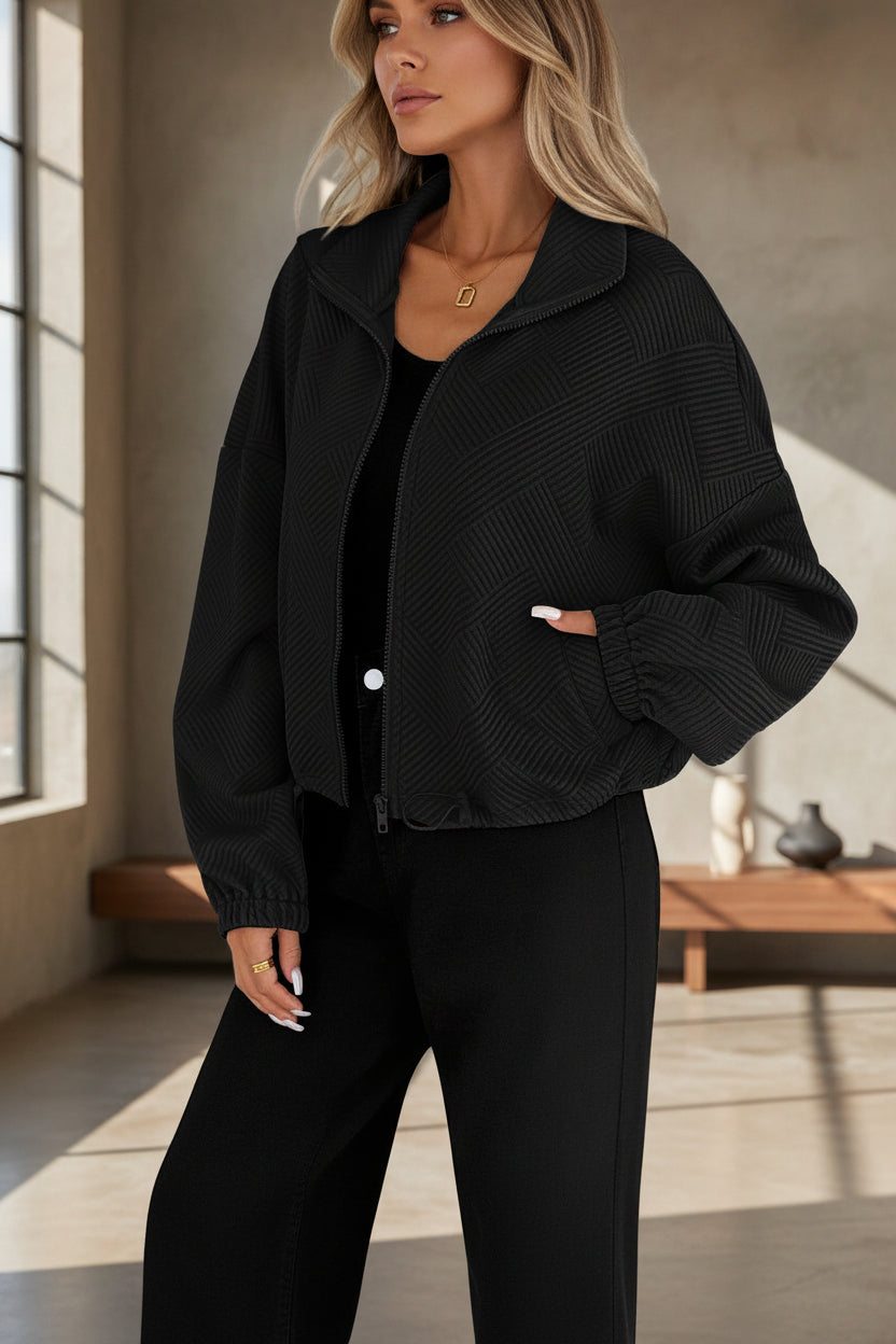 Women's Oversized Zip-Up Jacket with Pockets – High Neck Textured Coat