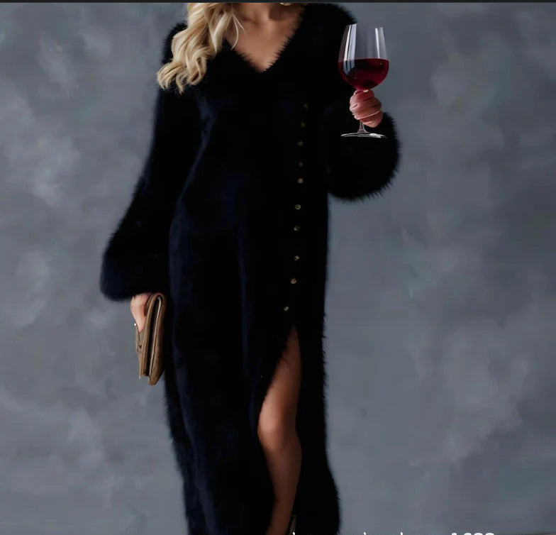 V-Neck Loose Button Slit Dress – Long Sleeve Midi
