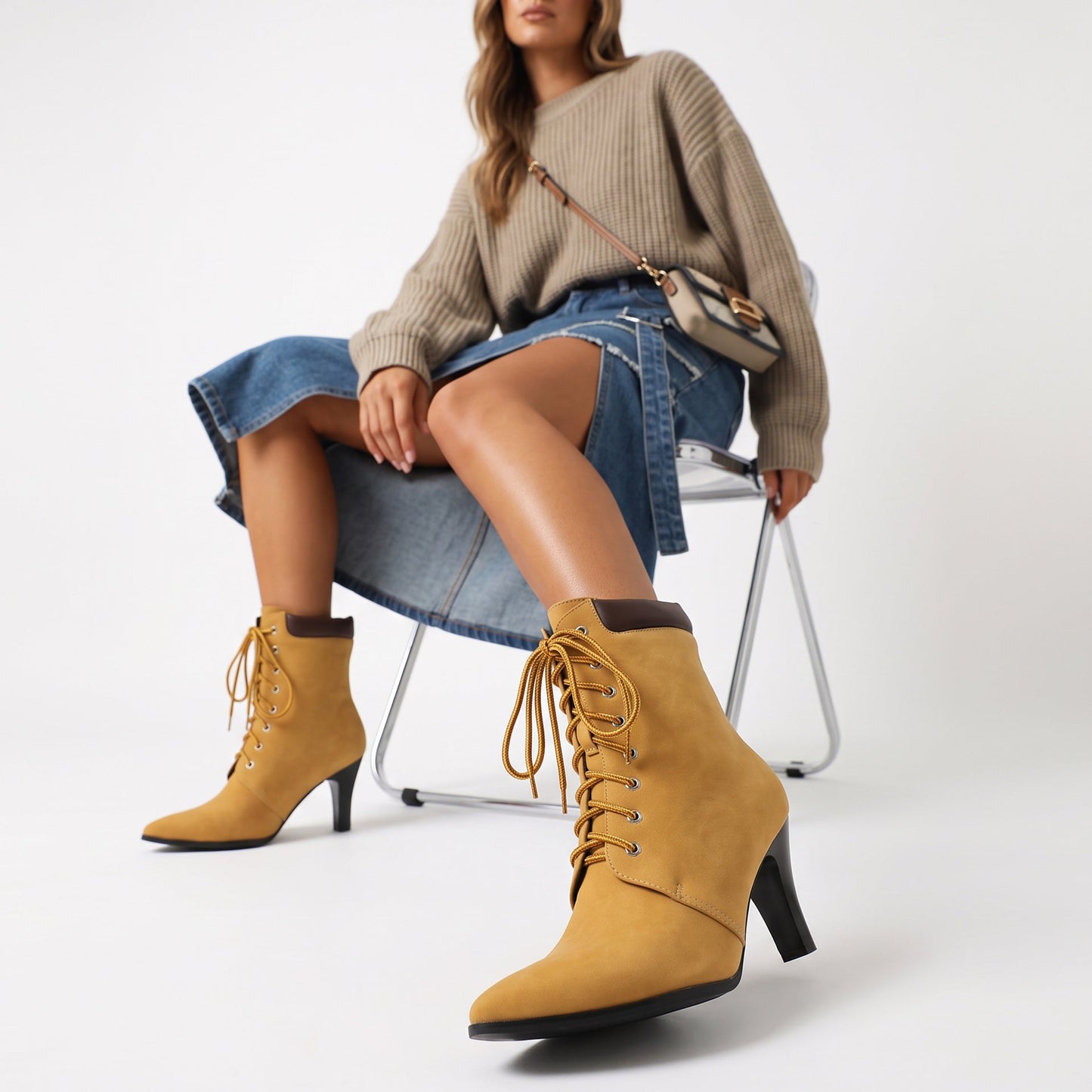 Women's Pointed Toe Lace-Up Ankle Boots with High Chunky Heel