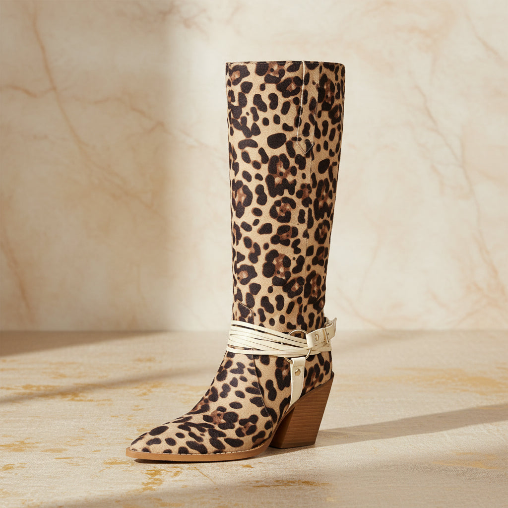 Women's Leopard Print Knee-High Western Boots | Chunky Heel & Harness Buckle