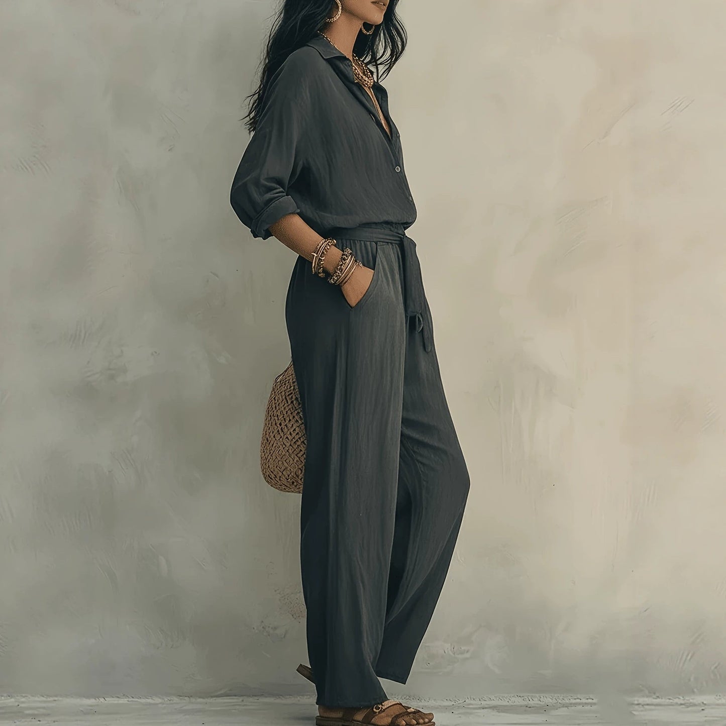 Linen-Look Shirt & Wide-Leg Trouser Set | Drawstring Waist 2-Piece | Gray