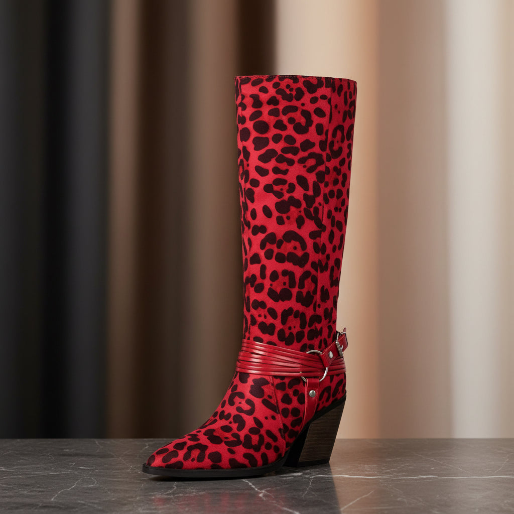 Women's Leopard Print Knee-High Western Boots | Chunky Heel & Harness Buckle