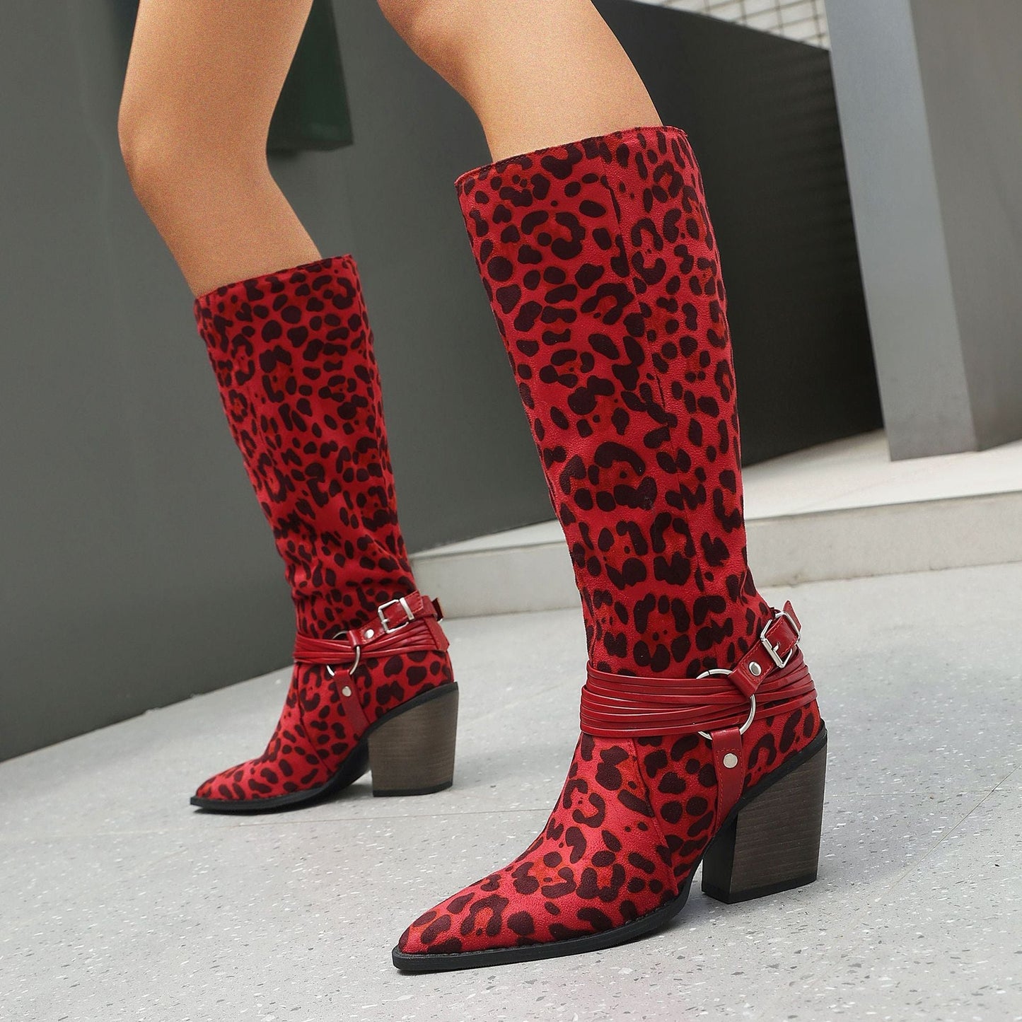 Women's Leopard Print Knee-High Western Boots | Chunky Heel & Harness Buckle