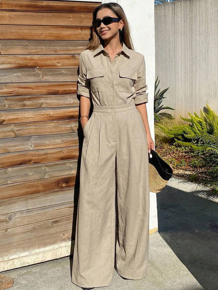 Women's Collar Long Sleeve Jumpsuit – Loose Fit Full Length