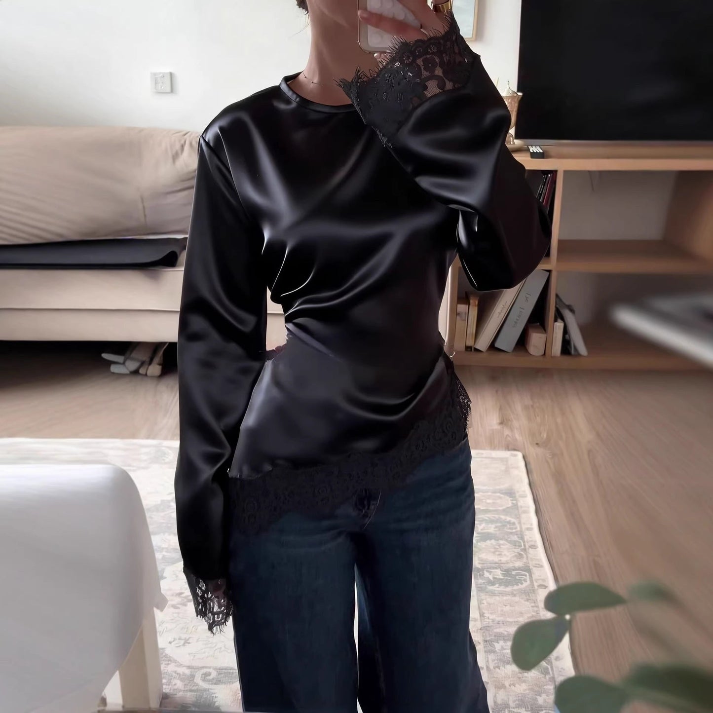 Round Neck Irregular Hem Long Sleeve T-Shirt for Women