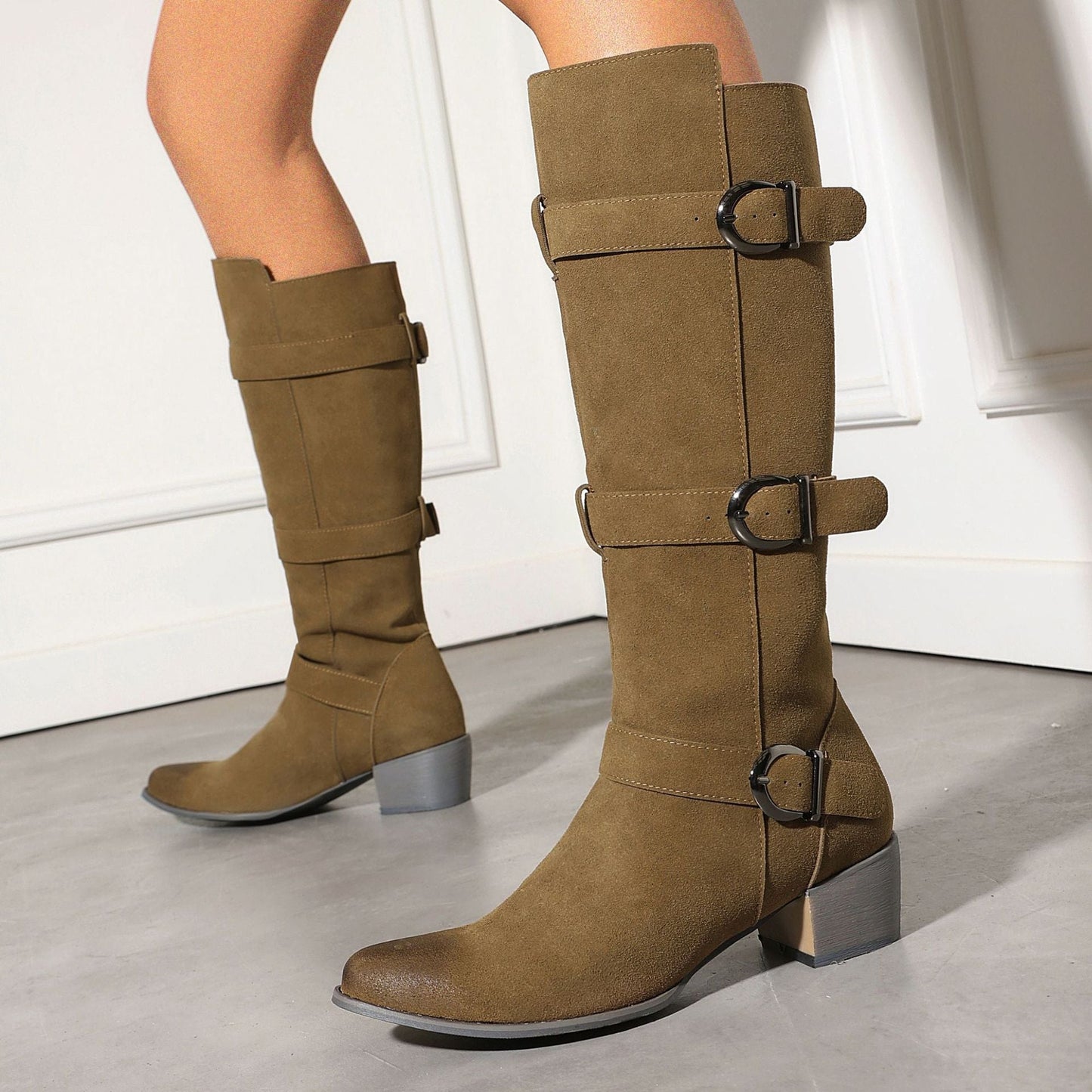 Women's Over-the-Knee High Heel Chunky Boots – Buckle Suede