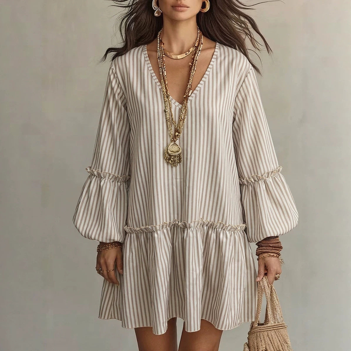 Women's Stripe Print V-Neck Lantern Sleeve Mini Dress