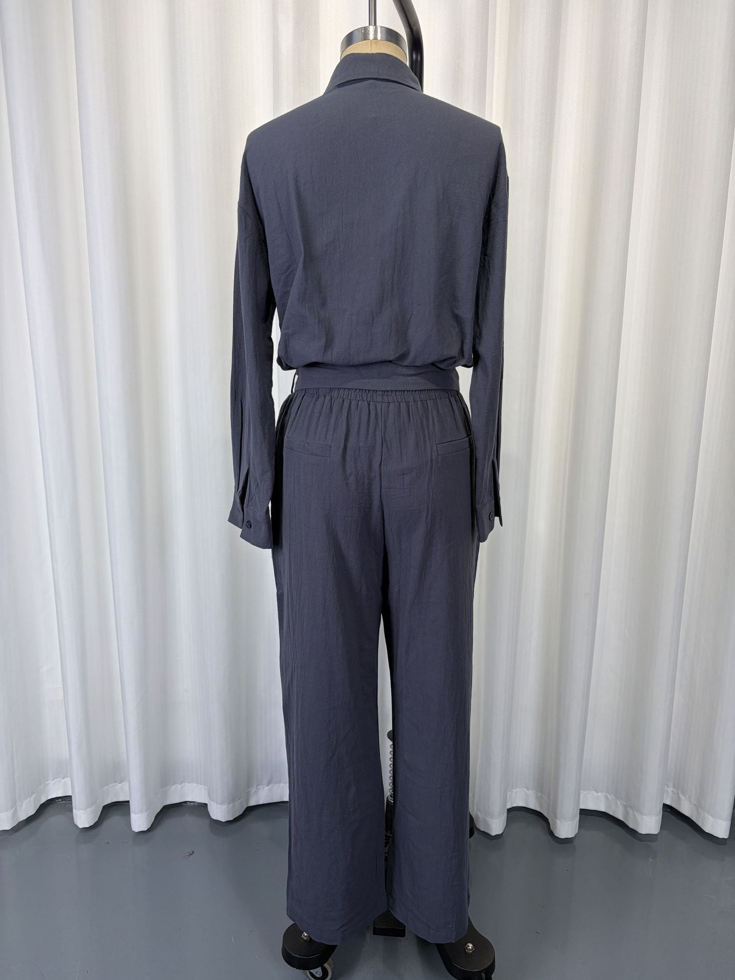 Linen-Look Shirt & Wide-Leg Trouser Set | Drawstring Waist 2-Piece | Gray