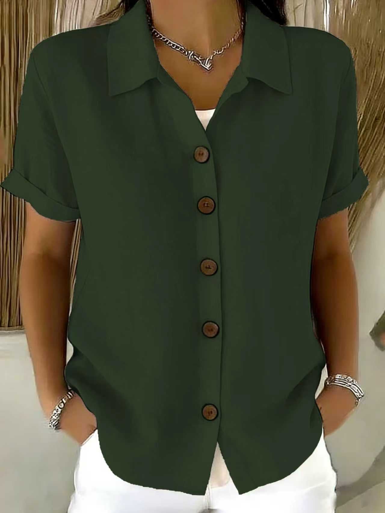 Shirt Collar Short Sleeve Button Top – Loose Fit Cotton-Linen Casual