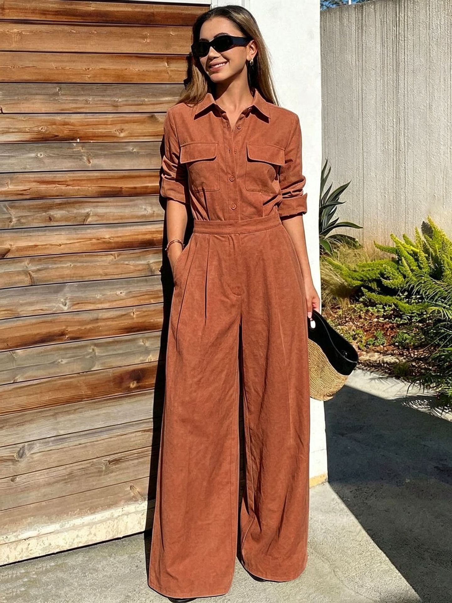 Women's Collar Long Sleeve Jumpsuit – Loose Fit Full Length