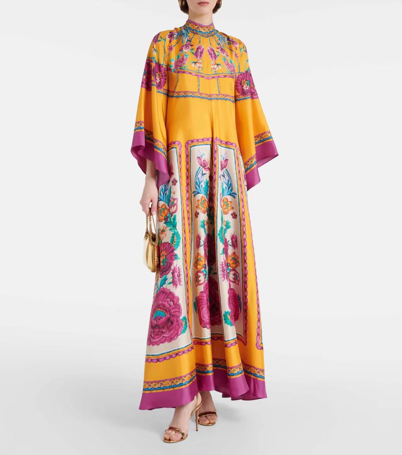 Women's Printed Maxi Dress – Stand Collar Flared Sleeve A-Line Gown