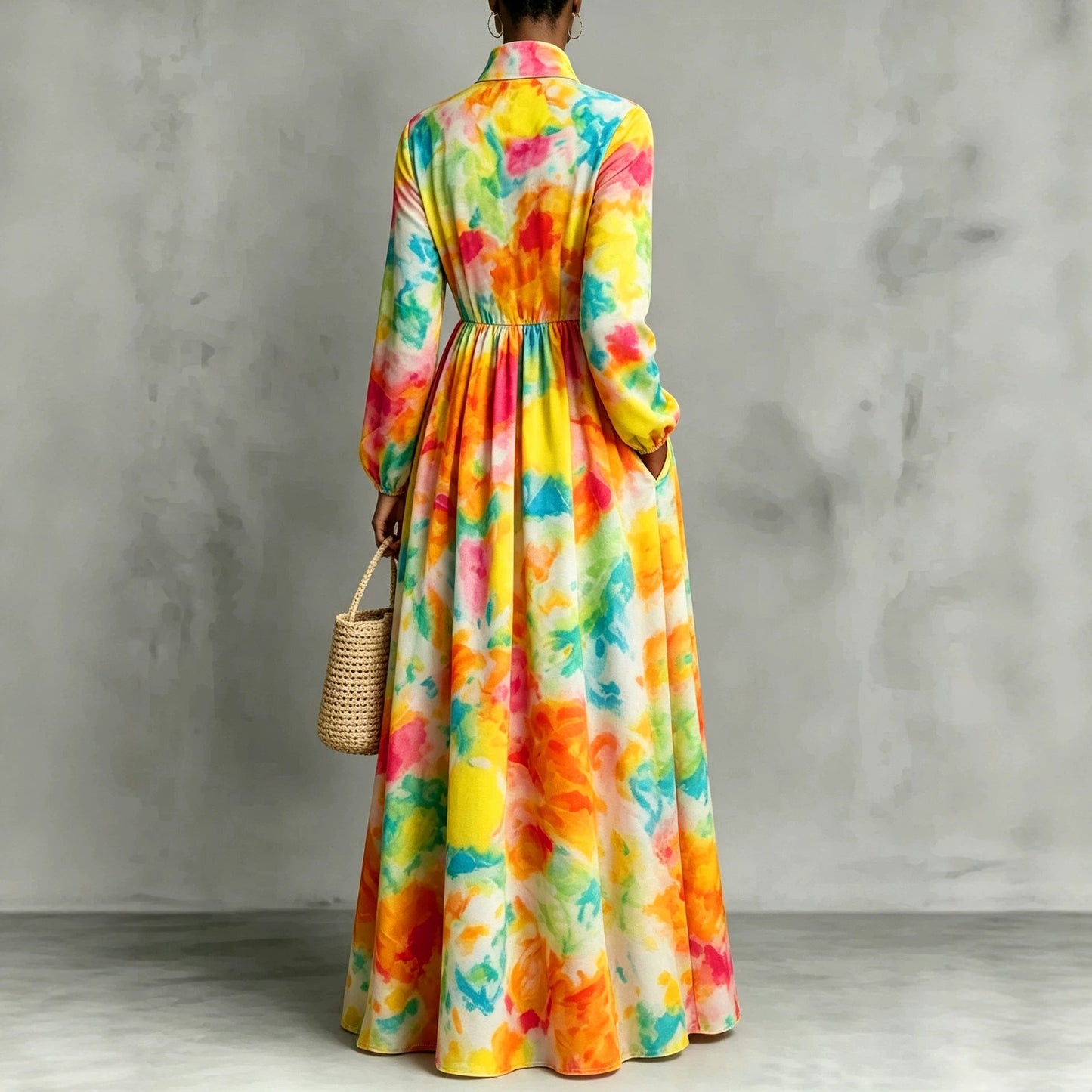 Floral Print Maxi Shirt Dress | Pleated Bib Button-Down Long Dress