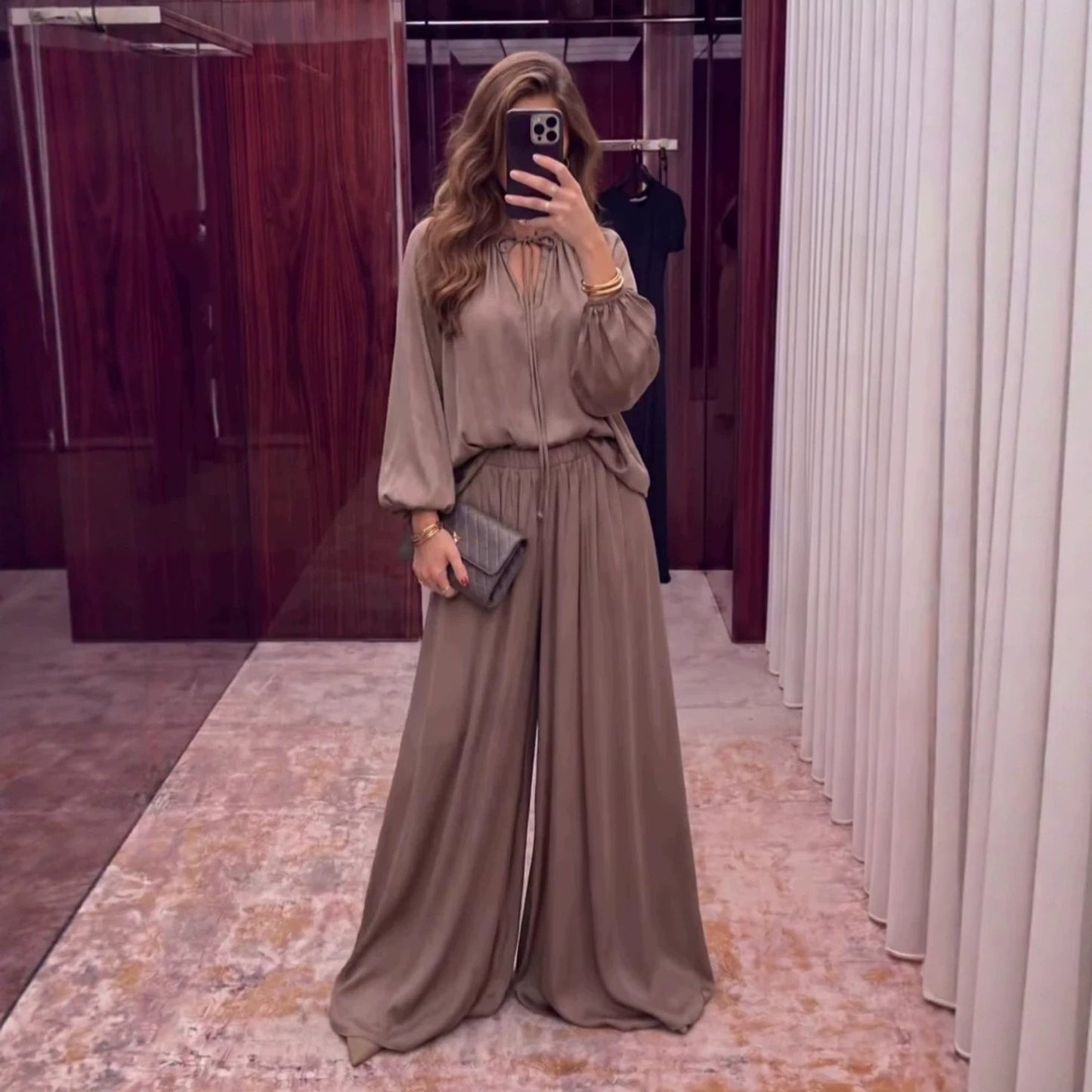 Women's V-Neck Lace-Up Bishop Sleeve Wide-Leg Pants Set