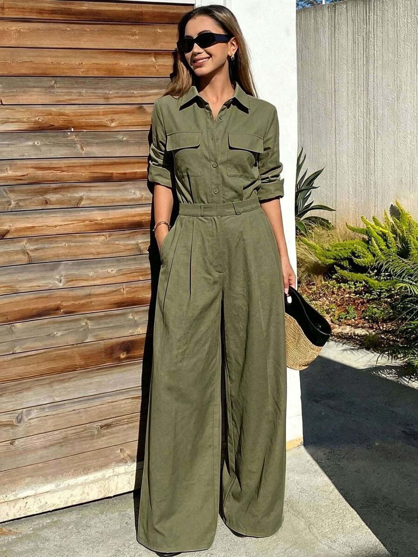 Women's Collar Long Sleeve Jumpsuit – Loose Fit Full Length