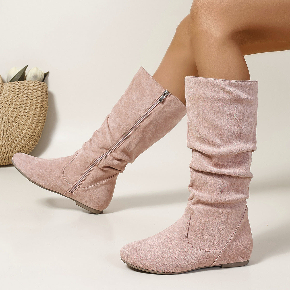 Women's Mid-Calf Leather Boots – Flat Heel Side Zip