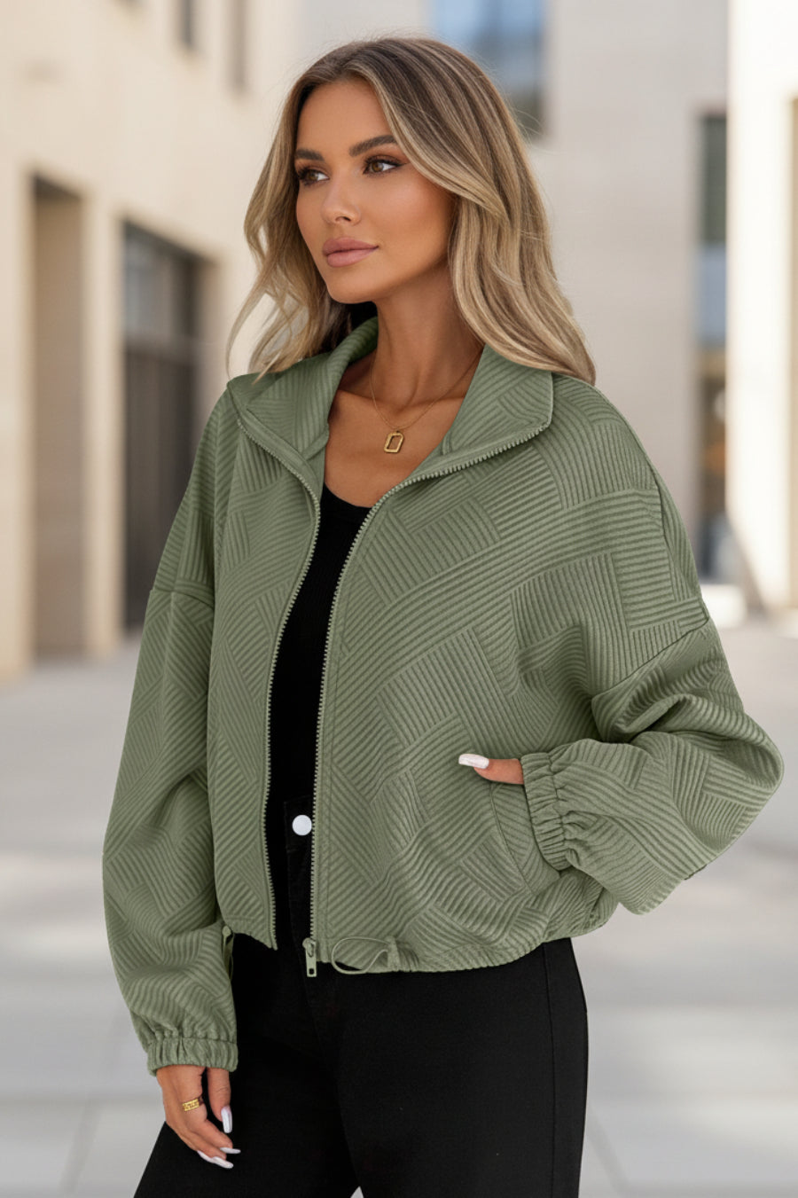Women's Oversized Zip-Up Jacket with Pockets – High Neck Textured Coat