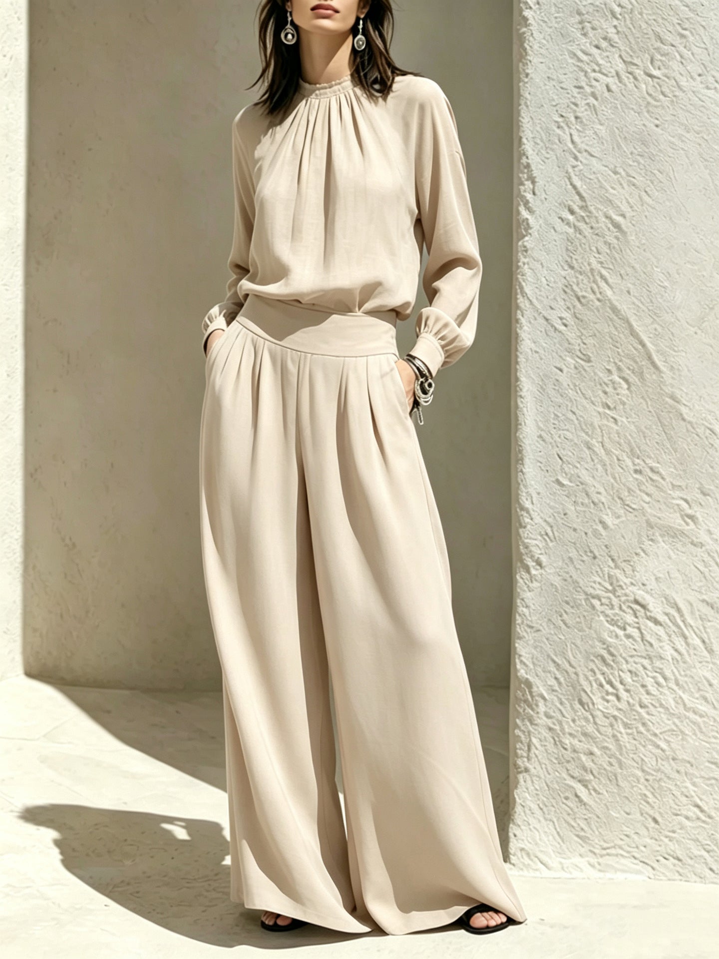 Women's Stand-Up Collar Puff Sleeve Blouse & Wide-Leg Pants Set