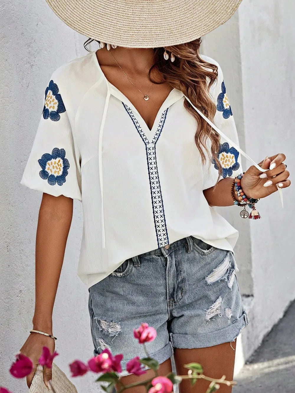 V-Neck Solid Color Loose Long Sleeve Top – Embroidered Tie Detail