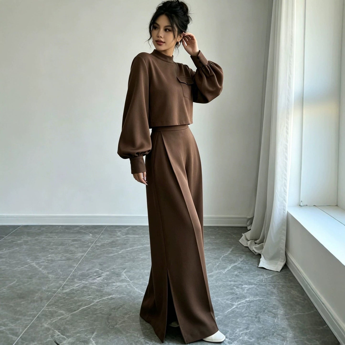 Solid Color Wide Leg Pants Set for Women – Long Sleeve Two-Piece
