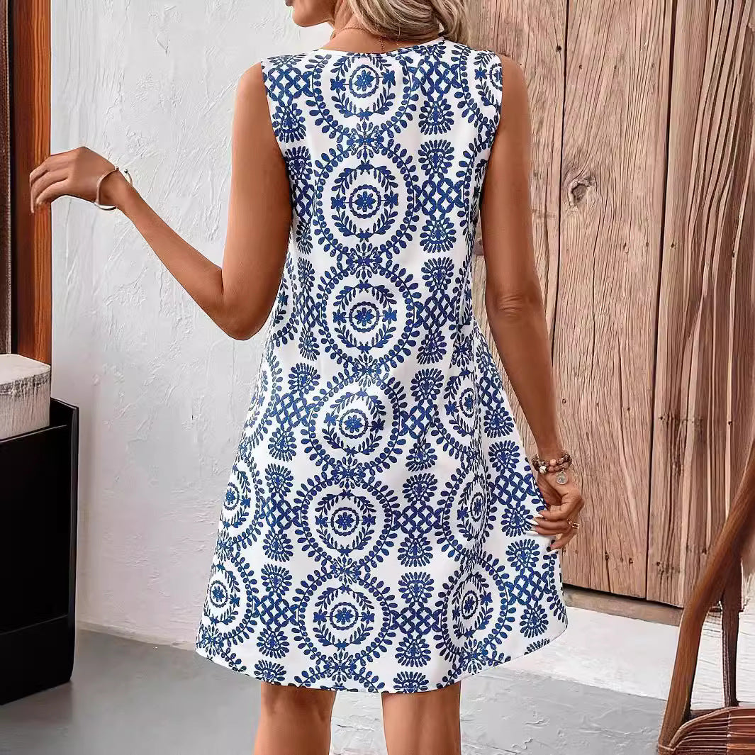 Floral Print U-Neck Sleeveless Midi Dress – Ring Detail Summer Style
