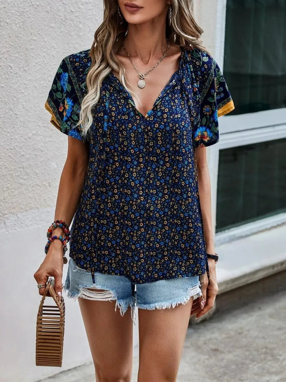 Printed Tie Neck Short Sleeve Blouse – Feminine Everyday Style