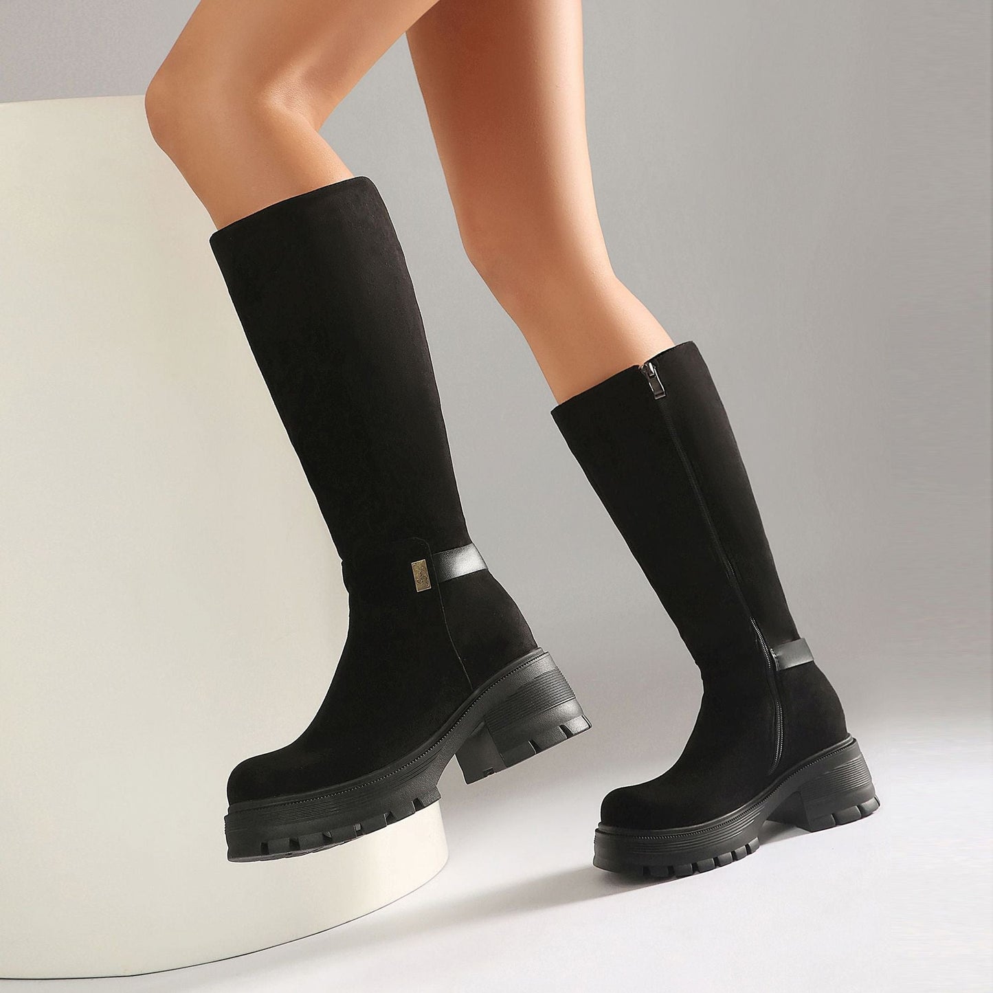 Women's Chunky Heel Knee-High Boots – Faux Suede & PU Platform Block Heel