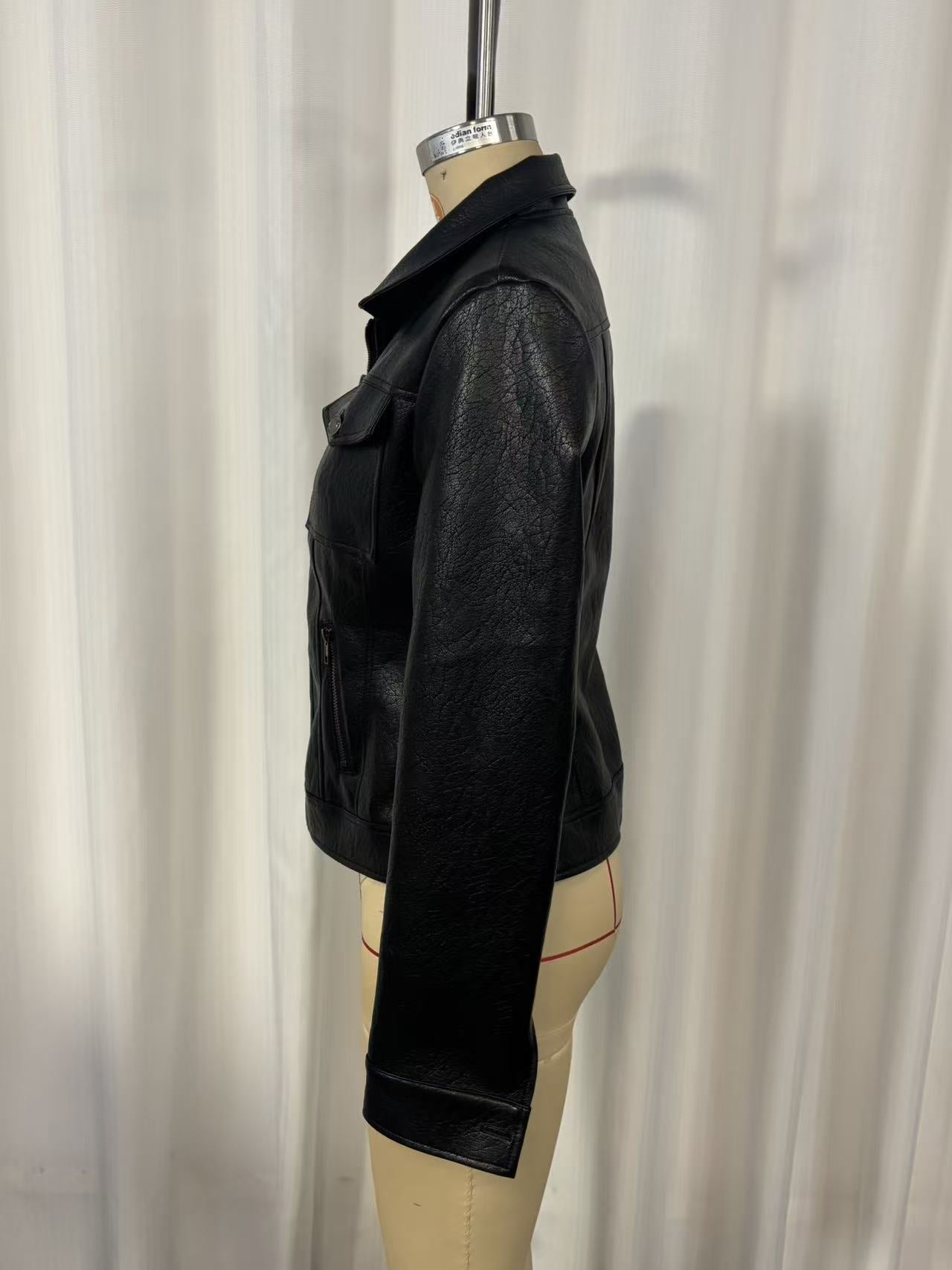 Vintage Washed PU Leather Biker Jacket | Slim Fit Moto Zip | Black