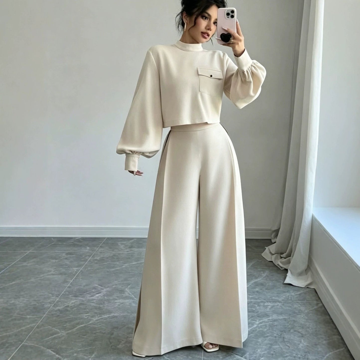 Solid Color Wide Leg Pants Set for Women – Long Sleeve Two-Piece