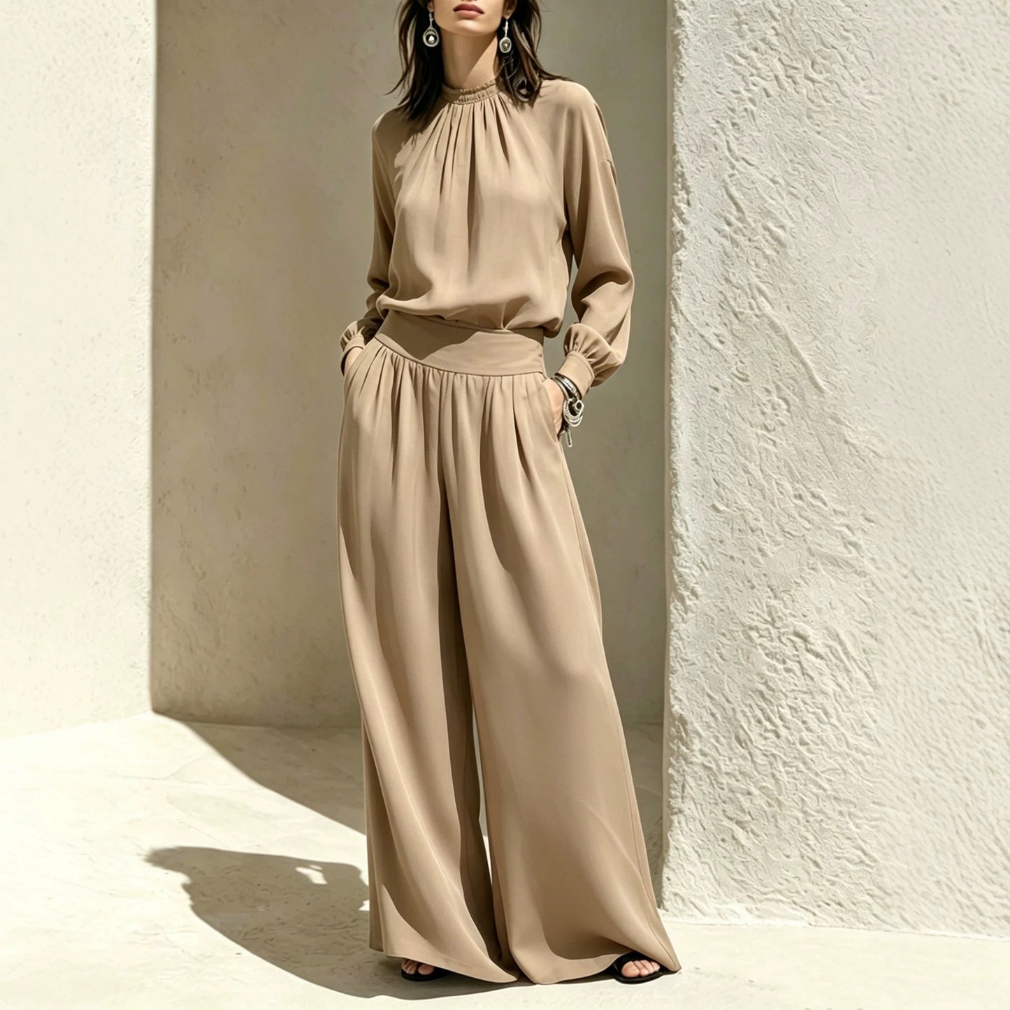 Women's Stand-Up Collar Puff Sleeve Blouse & Wide-Leg Pants Set