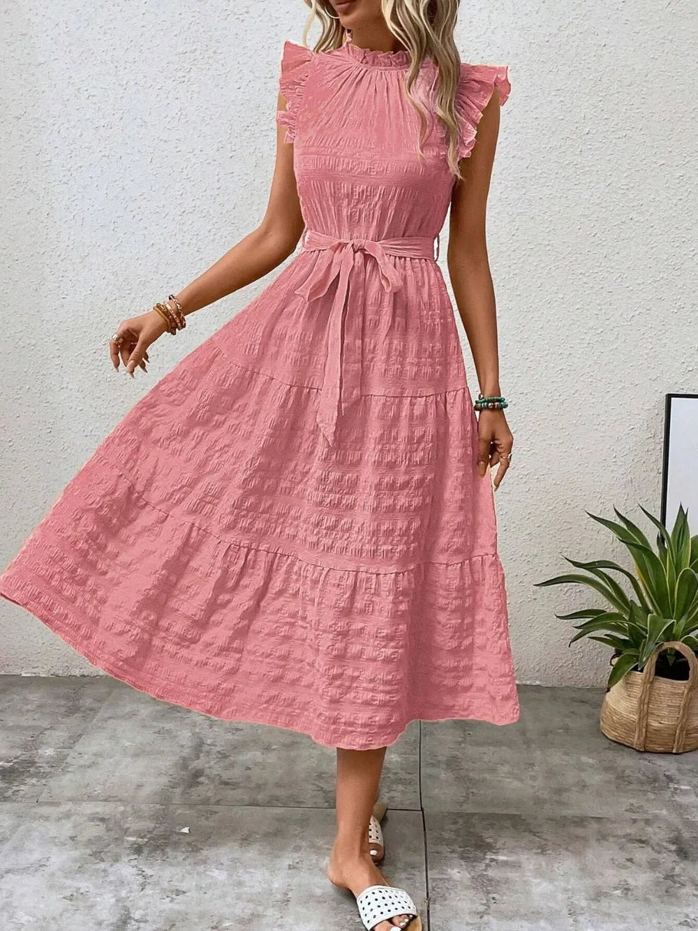 Tied Ruffled Cap Sleeve Midi Dress – Feminine Flowy Style