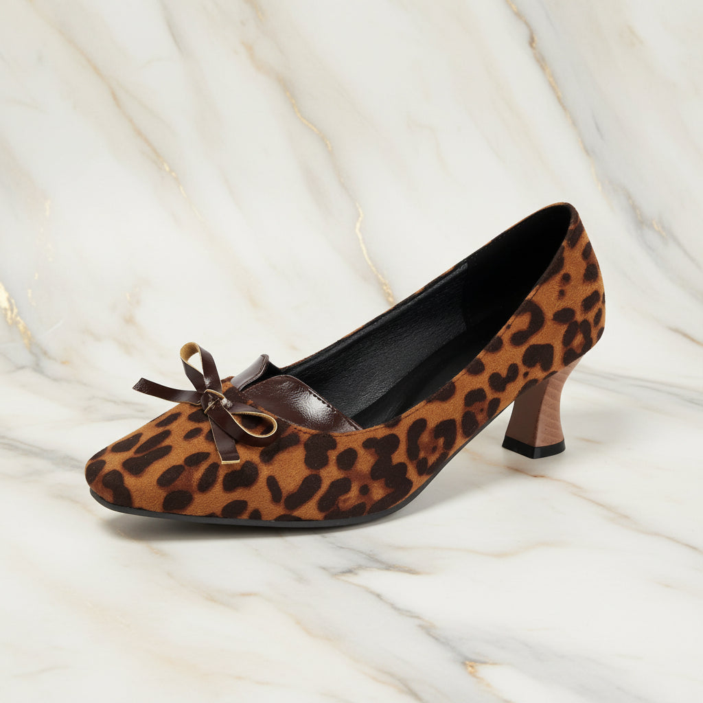 Women's Retro Square Toe Bow Pumps with Chunky Heel
