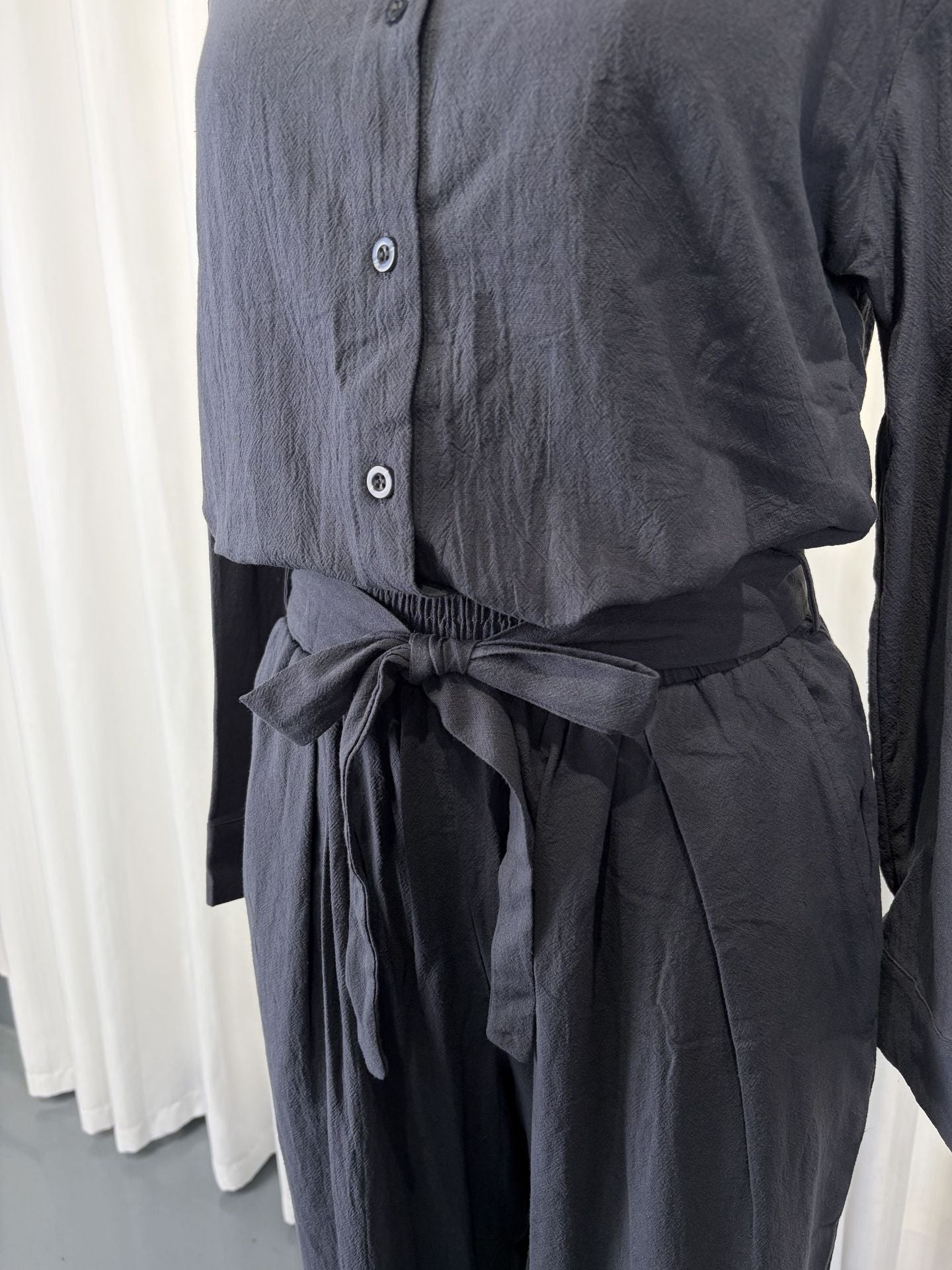 Linen-Look Shirt & Wide-Leg Trouser Set | Drawstring Waist 2-Piece | Gray