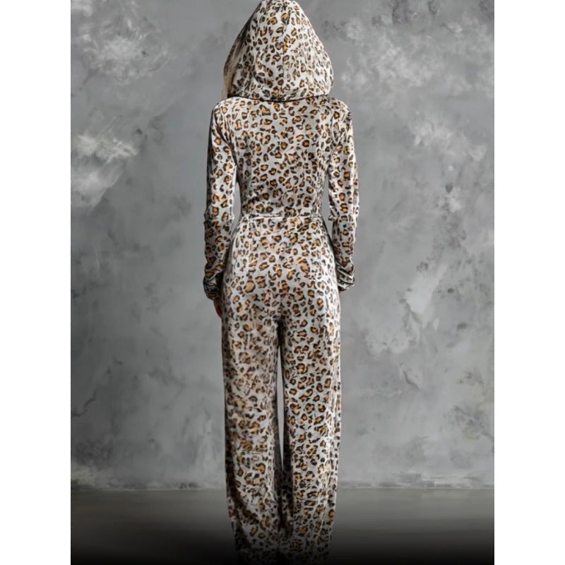 Leopard Print Petal Sleeve Hooded Wide Leg Jumpsuit