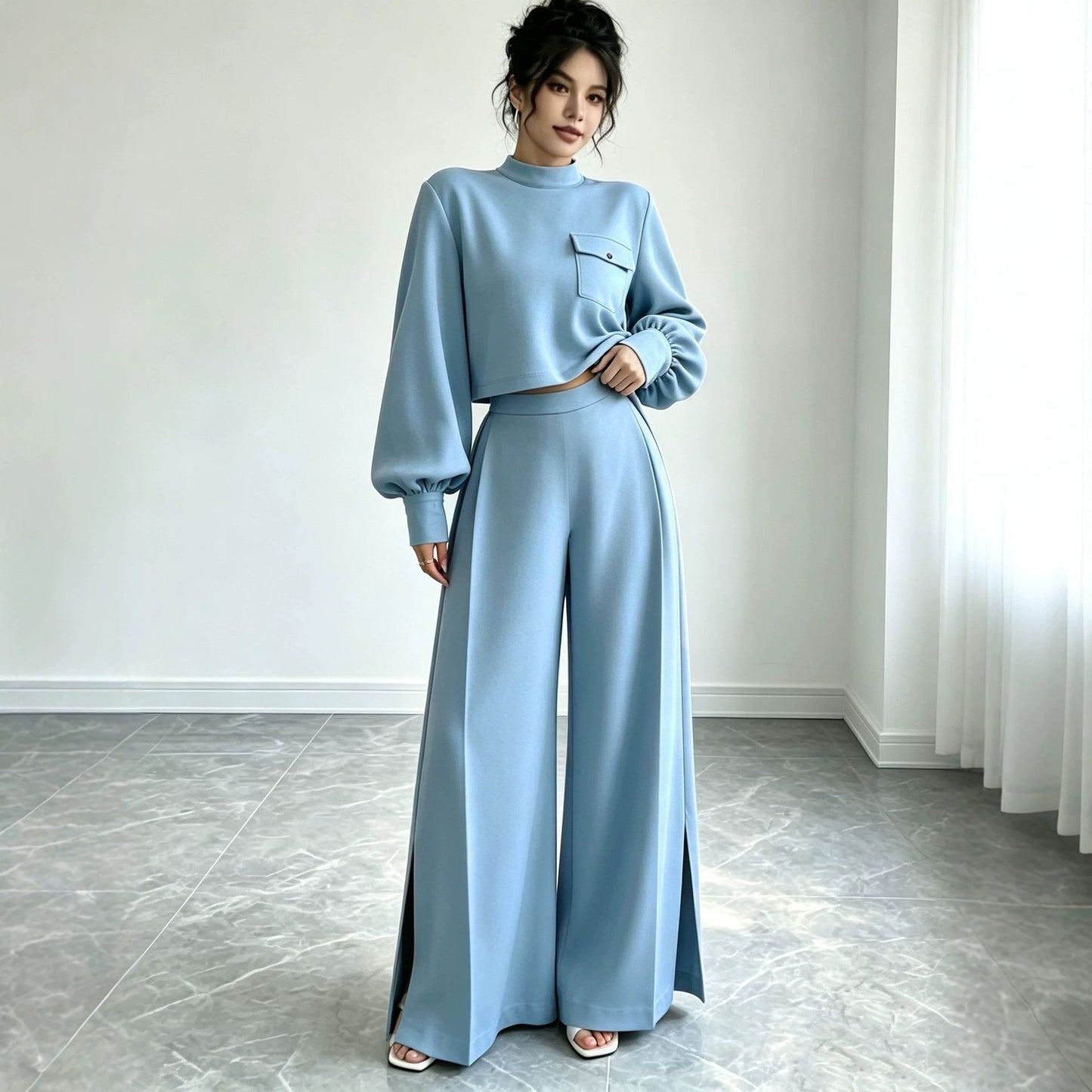Solid Color Wide Leg Pants Set for Women – Long Sleeve Two-Piece