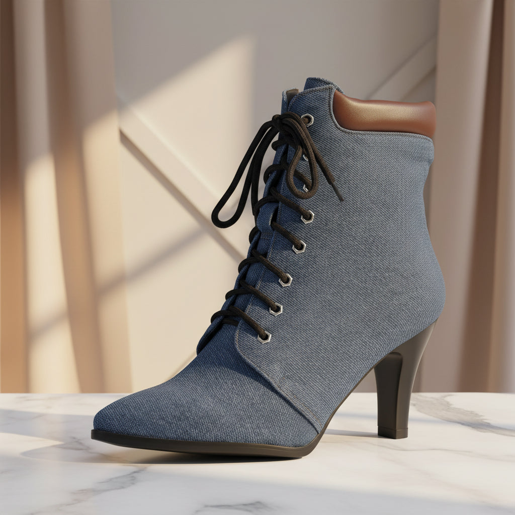 Women's Pointed Toe Lace-Up Ankle Boots with High Chunky Heel