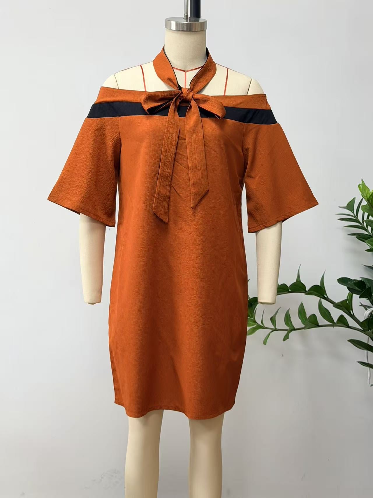 One Shoulder Bow Collar A-Line Dress – Short Sleeve Mini