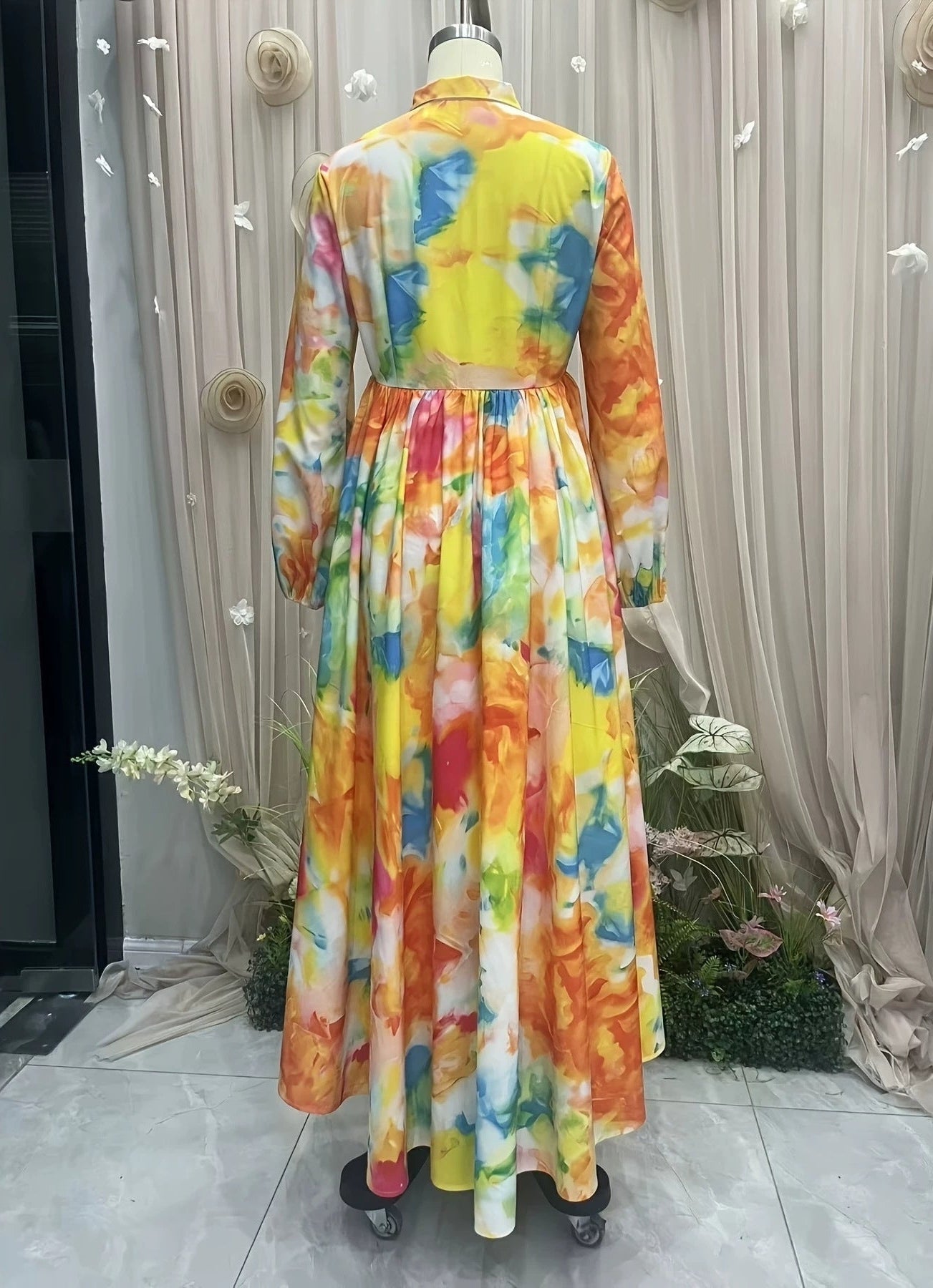 Floral Print Maxi Shirt Dress | Pleated Bib Button-Down Long Dress
