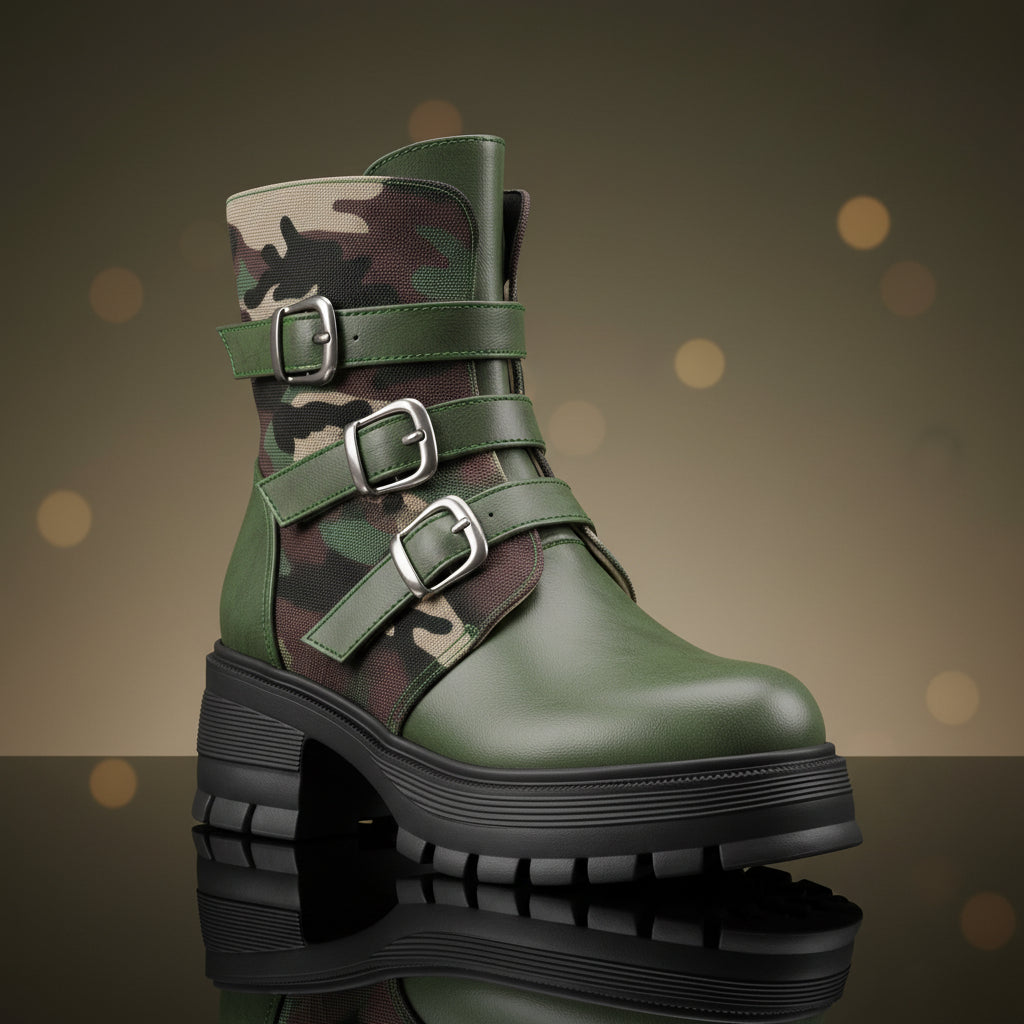 Women's Camouflage Platform Combat Boots | Triple Buckle Chunky Heel