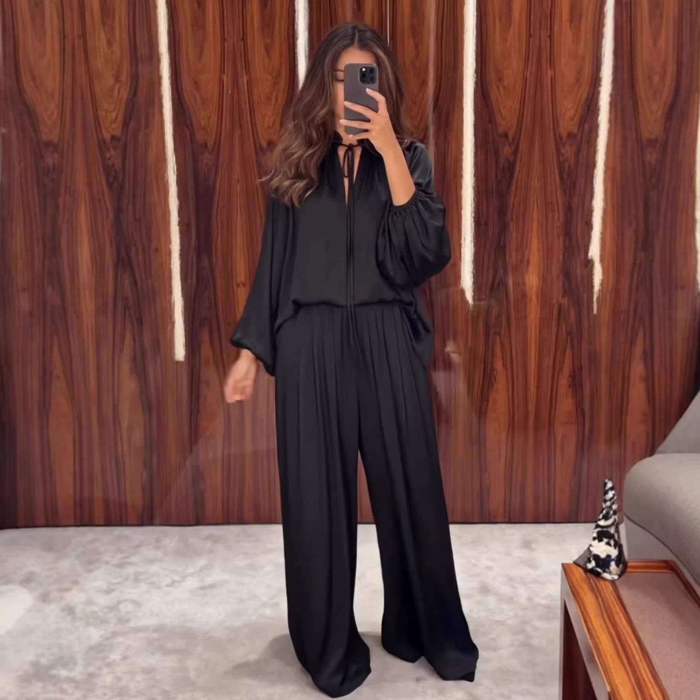 Women's V-Neck Lace-Up Bishop Sleeve Wide-Leg Pants Set
