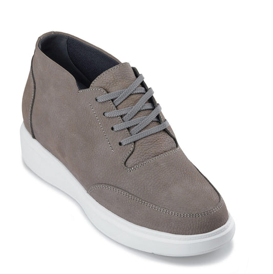 CALTO - J1771  - 3.2 Inches Taller (Grey) - Casual Chunky Sole Boots – Soft Pebble Grain Nubuck Leather