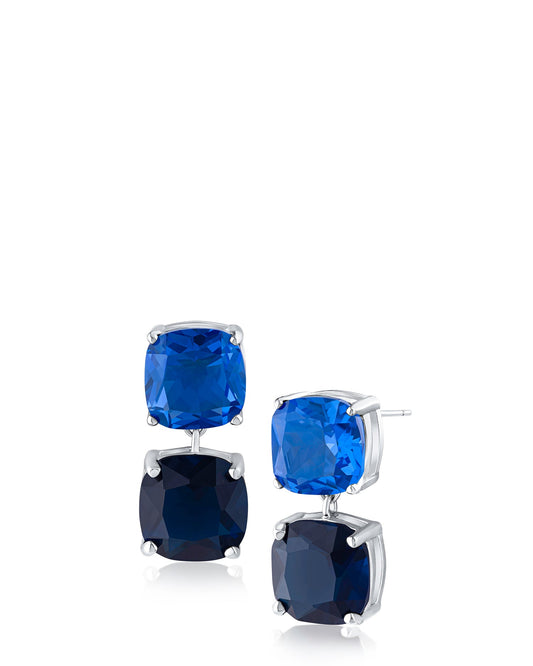 Double Blue Sapphire Cushion Drop Earrings