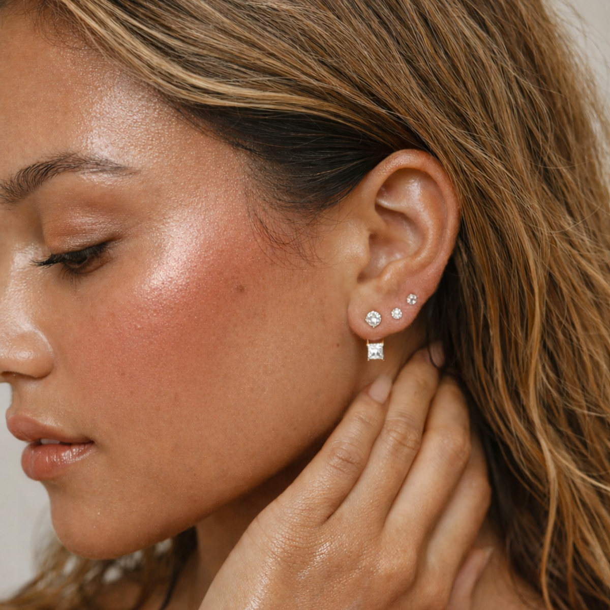 PEYTON GOLD SQUARE DIAMOND STUD EAR JACKET EARRINGS