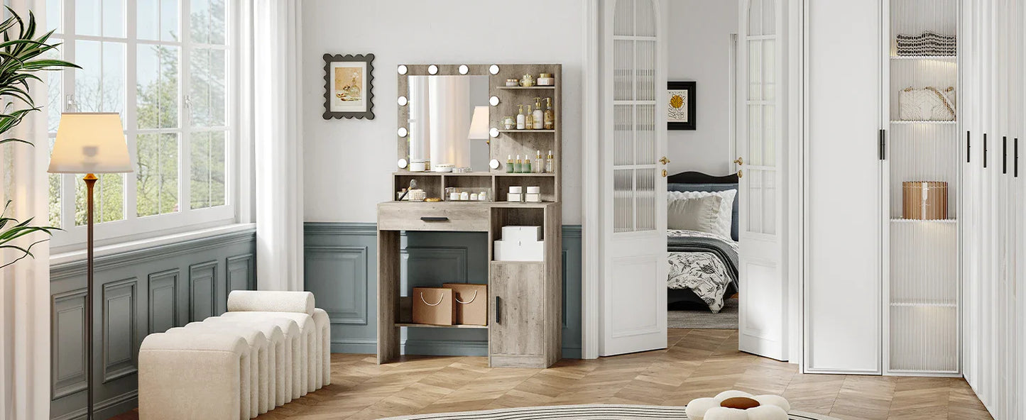 Hzuaneri Dressing Table with Mirror and 10 LED Lights, Vanity Unit with 3 Shelves & 4 Open Compartments, with Large Drawer