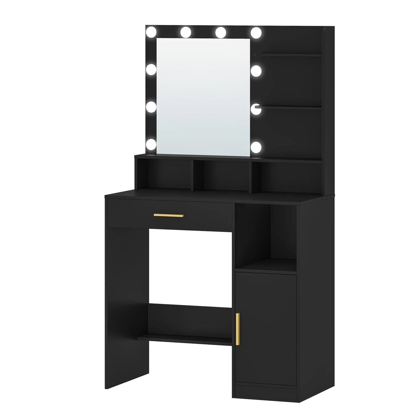 Hzuaneri Dressing Table with Mirror and 10 LED Lights, Vanity Unit with 3 Shelves & 4 Open Compartments, with Large Drawer
