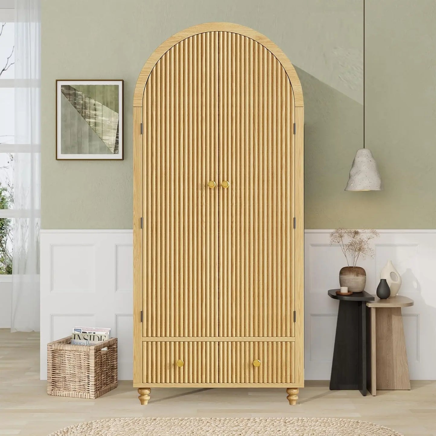 Modern Arched Wooden Storage Cabinet with Fluted Doors, Mid-Century Modern Accent Wardrobe with Gold Knobs