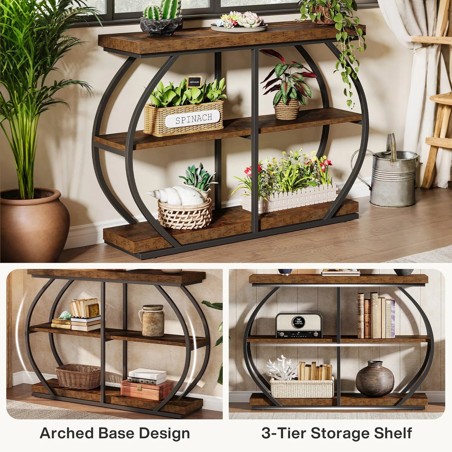 Tribesigns 41.3" Console Table, Industrial 3-Tier Entryway Table with Arched Metal Frame and Storage Shelves for Living Room