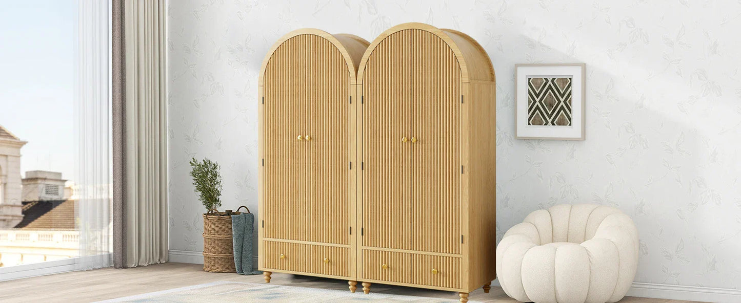 Modern Arched Wooden Storage Cabinet with Fluted Doors, Mid-Century Modern Accent Wardrobe with Gold Knobs