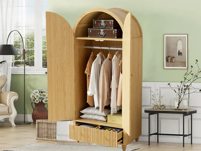 Modern Arched Wooden Storage Cabinet with Fluted Doors, Mid-Century Modern Accent Wardrobe with Gold Knobs
